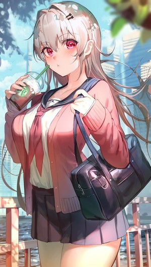 Anime girl in school uniform drinking from Starbucks cup