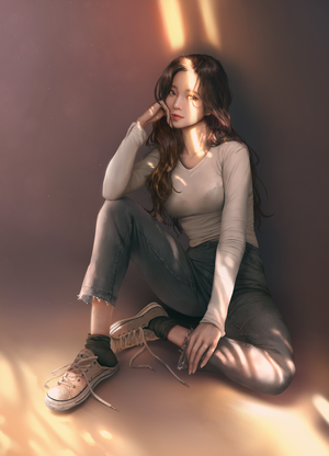 Woman sitting in sunlight, digital art by Yong Jun Park