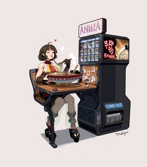 Anime girl eating ramen from a vending machine