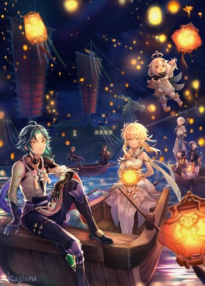 Xiao and Lumine from Genshin Impact on a boat with lanterns