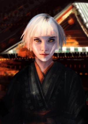 Portrait of a woman with blonde hair and orange eyes