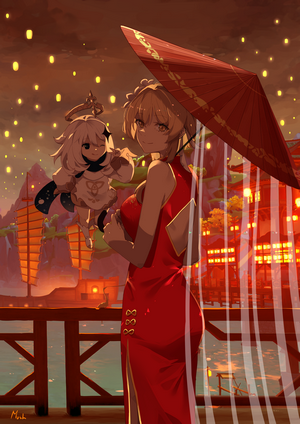 Lumine and Paimon from Genshin Impact with lanterns