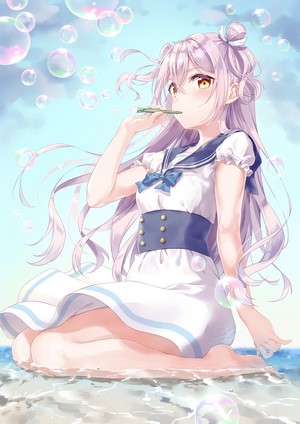 Anime girl with silver hair blowing bubbles at the beach
