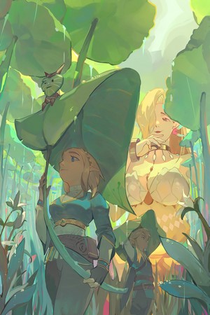 Zelda and Link from The Legend of Zelda: Breath of the Wild in the rain