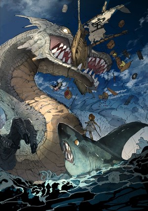 Dragon attacking a ship with a girl on a shark