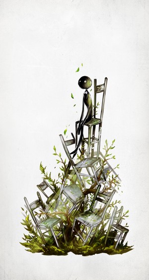 Deemo character sitting on a pile of chairs