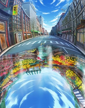 Surreal City Street with Floral Reflection