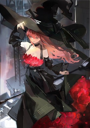 Redhead witch with pink hair and red flowers