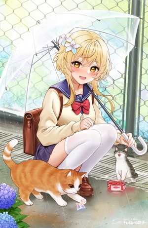 Lumine from Genshin Impact with cats in the rain