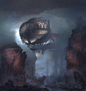Steampunk Airship in a Rocky Industrial Cave