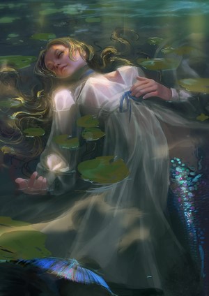 Artwork of a mermaid lying in water with lily pads