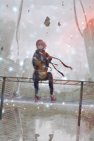 Anime girl with pink hair sitting on a railing in a ruined city