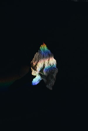 A leaf with rainbow light on a black background