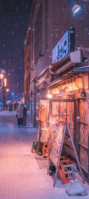 Street scene in Japan during snowfall
