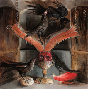 Crows and a severed head by Santiago Caruso