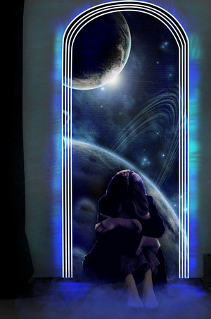 Woman sitting in front of a cosmic portal