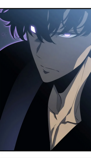 Sung Jinwoo from Solo Leveling with glowing eyes