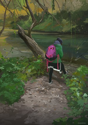 Woman with backpack by a river in a forest