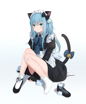 Cat girl maid with blue hair and blue eyes