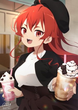 Anime girl with red hair and red eyes holding drinks
