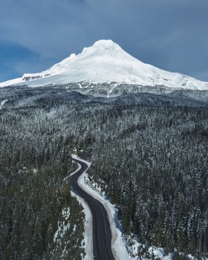 Snowy Mountain and Winding Road Through Forest