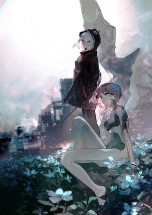 Two anime girls in a field of flowers