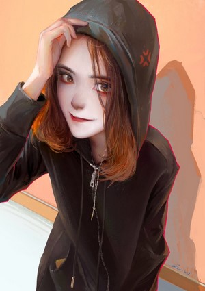 Artwork of a woman wearing a black hoodie