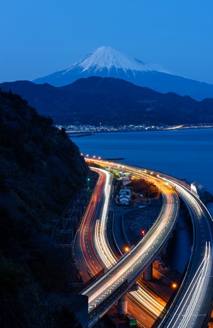 Mount Fuji and highway light trails in Japan