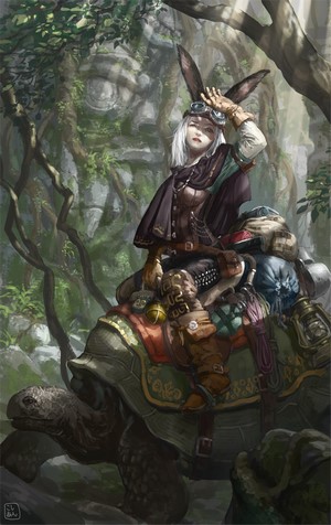 Bunny girl traveler riding a giant tortoise