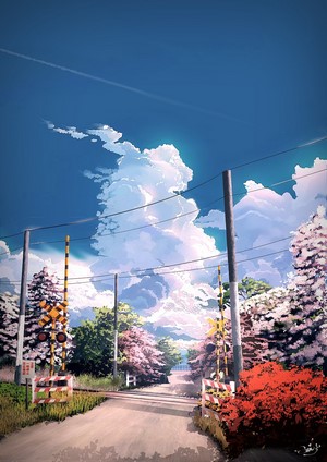 Anime railway crossing with spring trees and clouds