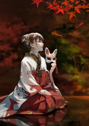 Girl in Japanese Clothes Holding a Fox Mask