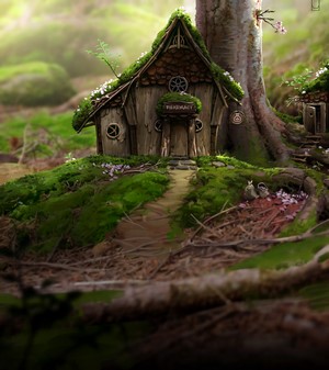 Fantasy forest cottage with mossy roof