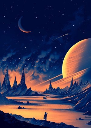 Night Landscape with Planet and Stars