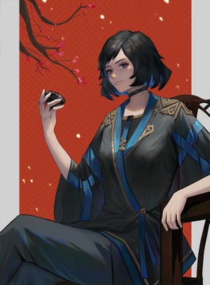 Anime girl in traditional Japanese clothing holding a cup