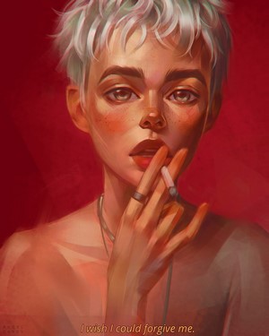 Portrait of a person smoking with red background by Angel Ganev