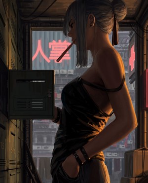 Woman with cigarette in futuristic city by GUWEIZ