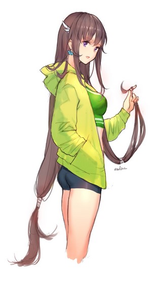 Anime girl with long brown hair and purple eyes