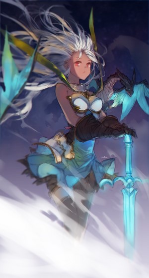 Anime girl with silver hair, red eyes, dragon, and sword