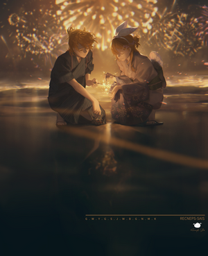 Kagamine Rin and Len with fireworks