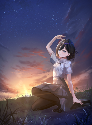 Anime girl with short black hair at sunset