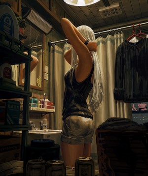 Woman with white hair tying her hair in a bathroom