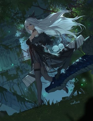 Anime girl with silver hair and dragon companion in forest