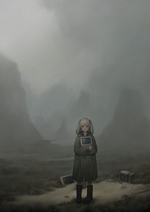Anime girl holding a computer in a desolate landscape