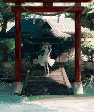 Hatsune Miku in front of a Japanese Shrine