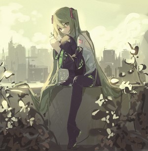 Hatsune Miku from Vocaloid sitting on a ledge
