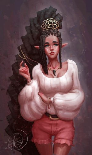 Artwork of a woman with long braided hair and blue eyes