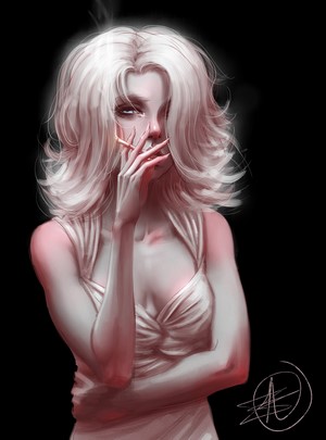 Woman with white hair smoking a cigarette in a white dress