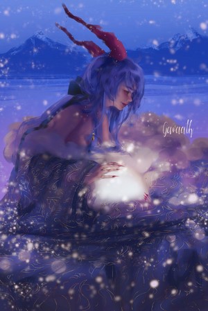 Woman with blue hair and demon horns holding a glowing orb