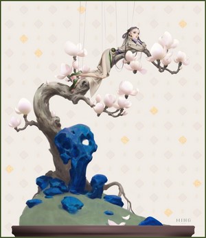Fantasy girl on a bonsai tree with blue rocks
