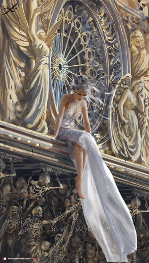 Fantasy girl in white dress sitting on a ledge with skeletons below